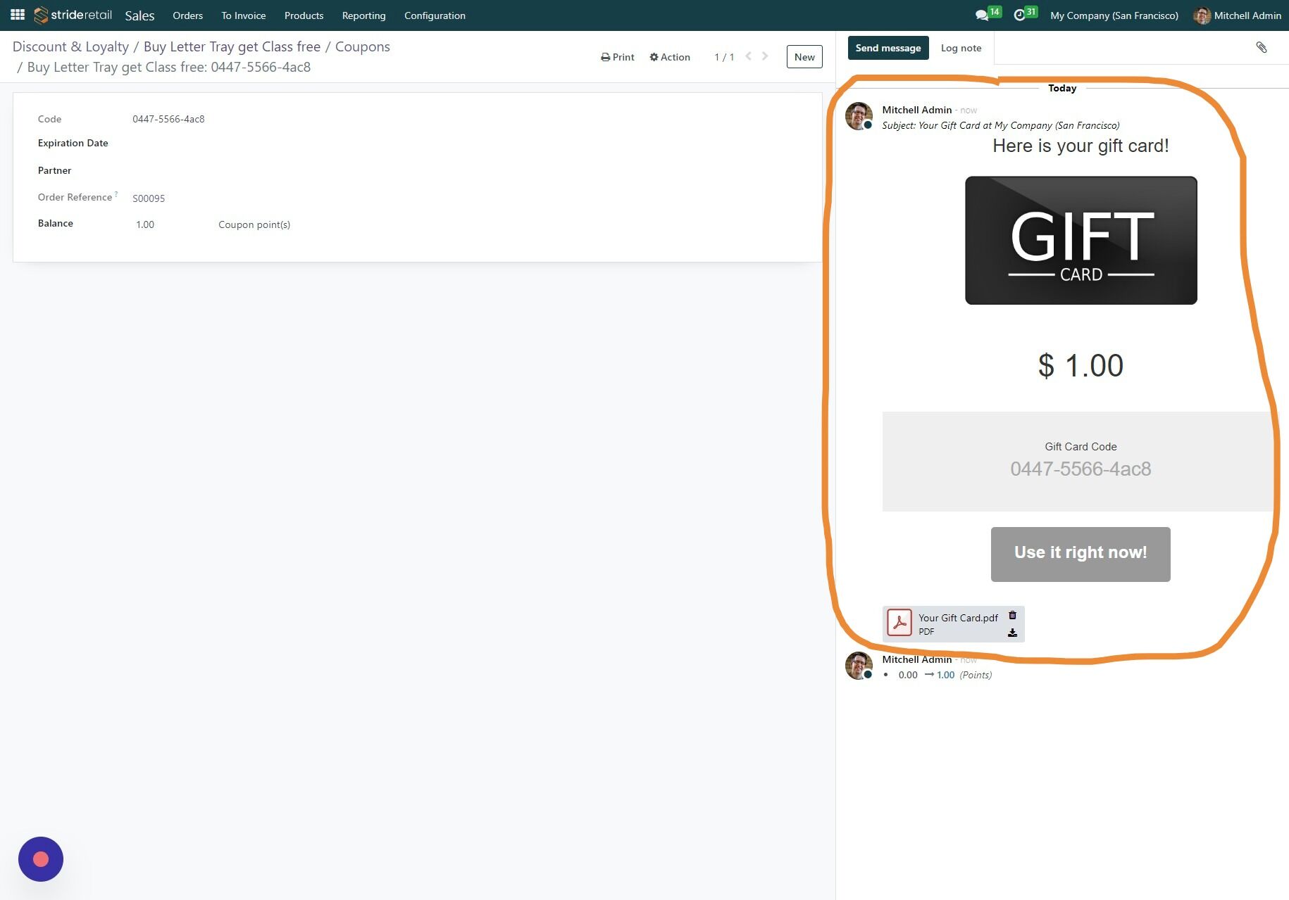 Screenshot of: This shows that the customer received an email with a "gift card".  We can change the email that goes to the customer by going back to the program and editing the communications tab.