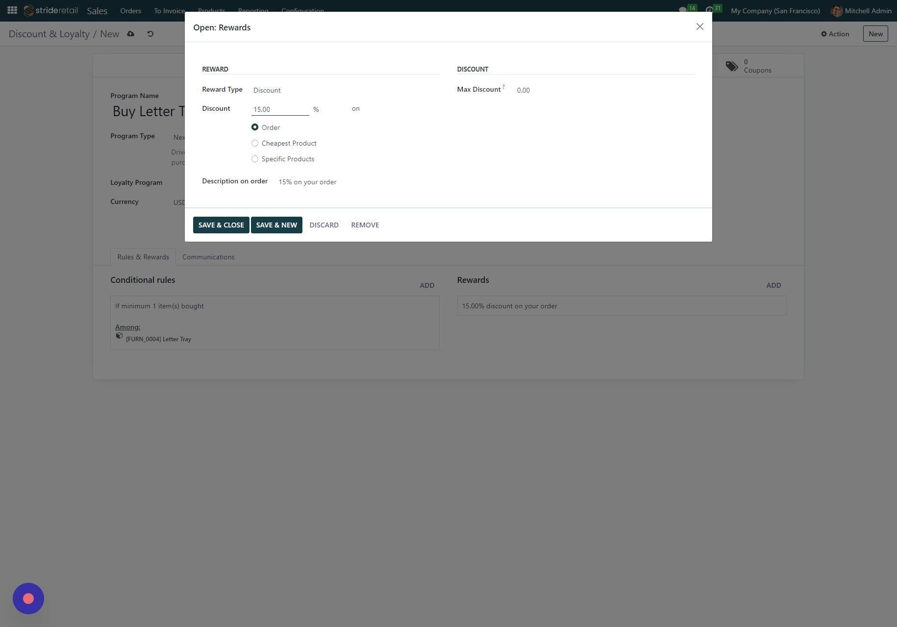 Screenshot of: Click the "Discount" and add the desired discount amount.  You can change the % to fixed dollar if you would want to.