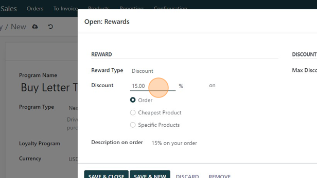 Screenshot of: Click the "Discount" and add the desired discount amount.  You can change the % to fixed dollar if you would want to.