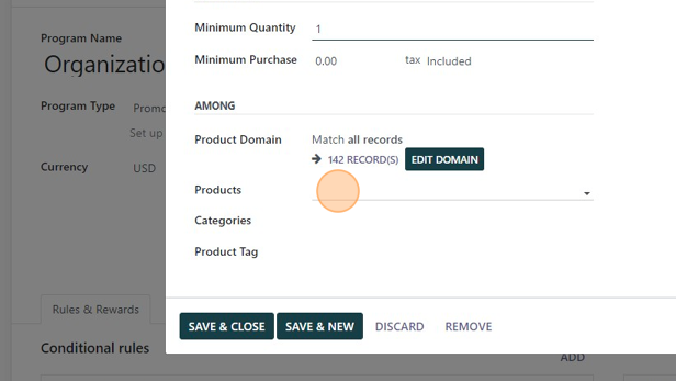 Screenshot of: Click the "Products" field.