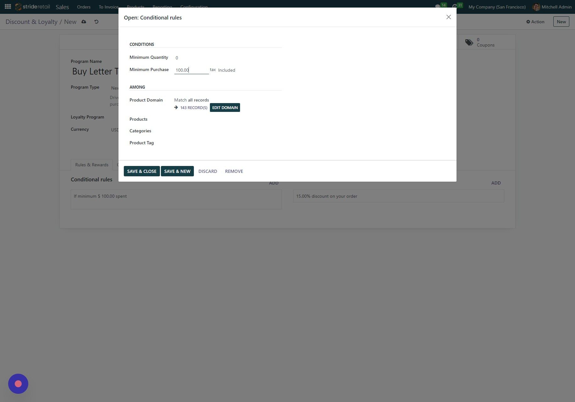 Screenshot of: Double-click the "Minimum Purchase" field add minimum purchase if desired.