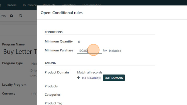 Screenshot of: Double-click the "Minimum Purchase" field add minimum purchase if desired.