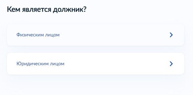 Screenshot of: Если Вы взыскатель в исполнительном производстве, укажите, кем является должник. 
