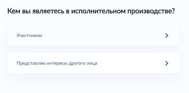 Screenshot of: Укажите, кем Вы являетесь в исполнительном производстве.