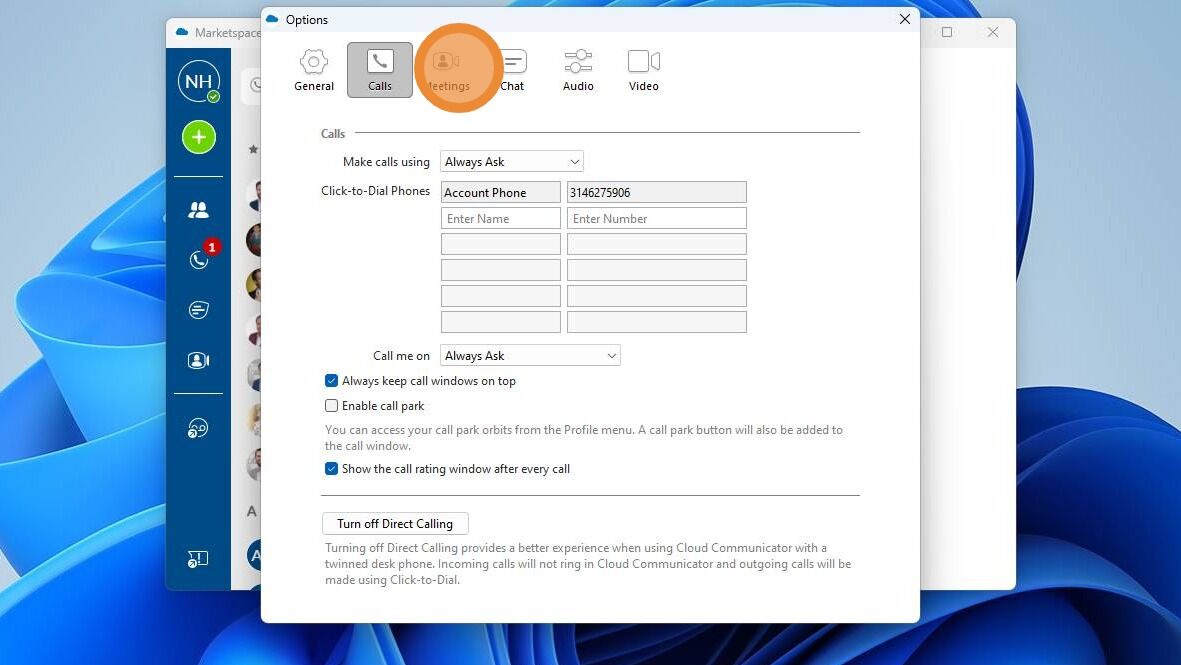 Screenshot of: Here in the calls tab we have the ability to add or remove physical phones that are attached to the app and choose how the app will call out. Click on Meetings next. 