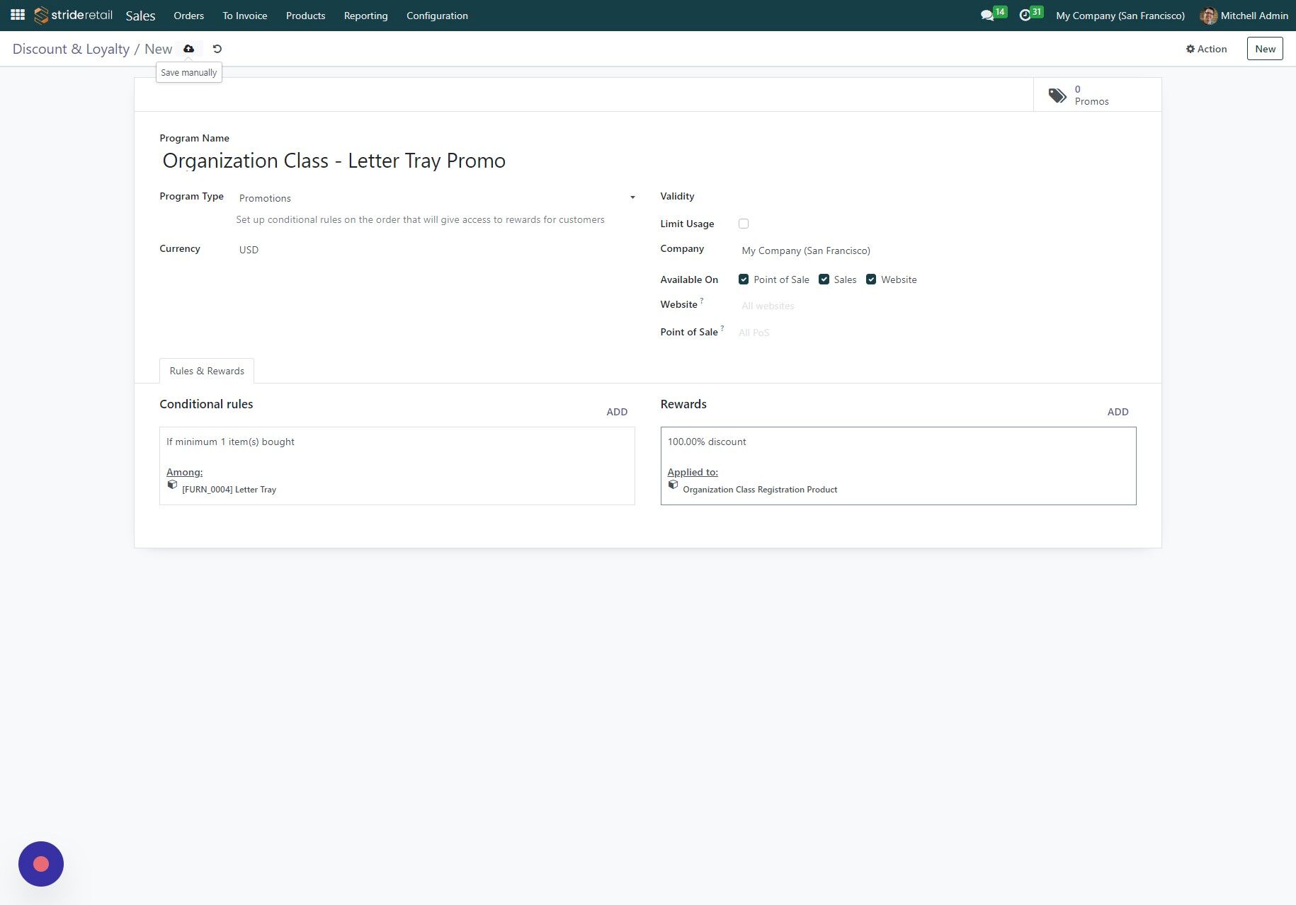 Screenshot of: Click here to save.  You are now completed.  (Make sure that your class is published to the web so it can be sold.  Otherwise the promo will not be applied.)

The rest of the slides are for reference only to show you how the promo is applied.  

It is applied at checkout.  Once the person has both the trigger product (in our case the letter tray) AND have registered for the class either in store or online, they will be able to apply the promo to their cart and it will remove the registration fee.