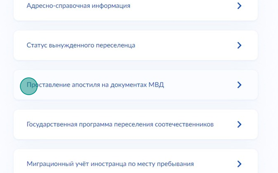 Screenshot of: Выберите услугу "Проставление апостиля на документах МВД".