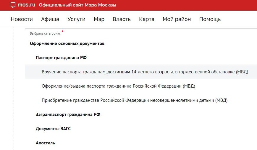 Screenshot of: Выберите "Вручение паспорта гражданам, достигшим 14-летнего возраста, в торжественной обстановке (МВД)".