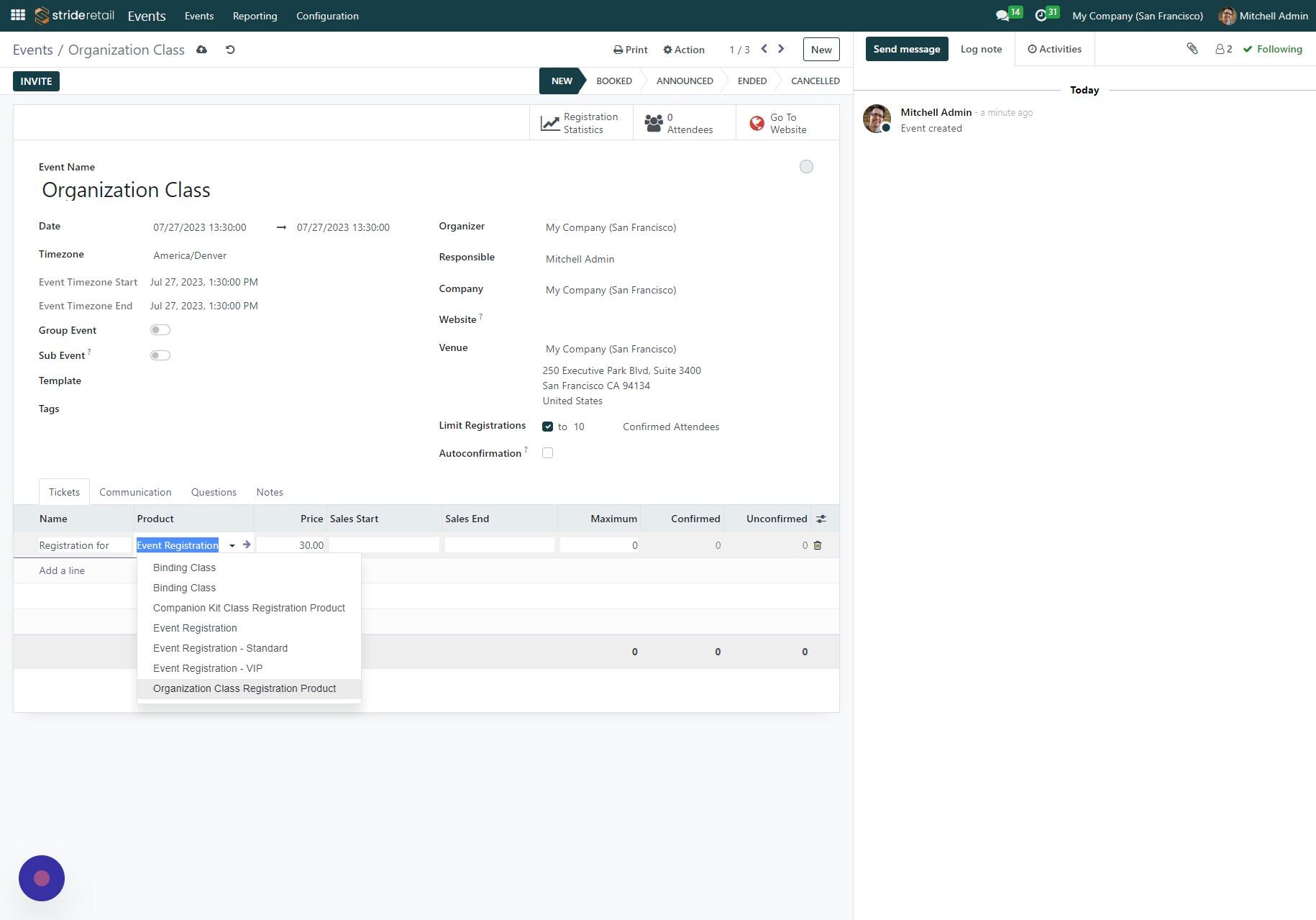 Screenshot of: Select the unique registration product and set the additional fields as desired.