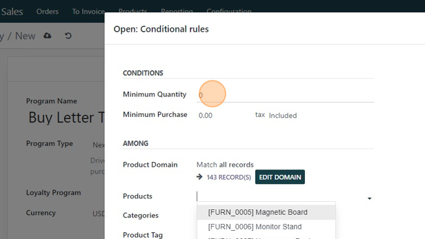 Screenshot of: Double-click the "Minimum Quantity" field add minimum purchase quantity if desired.
