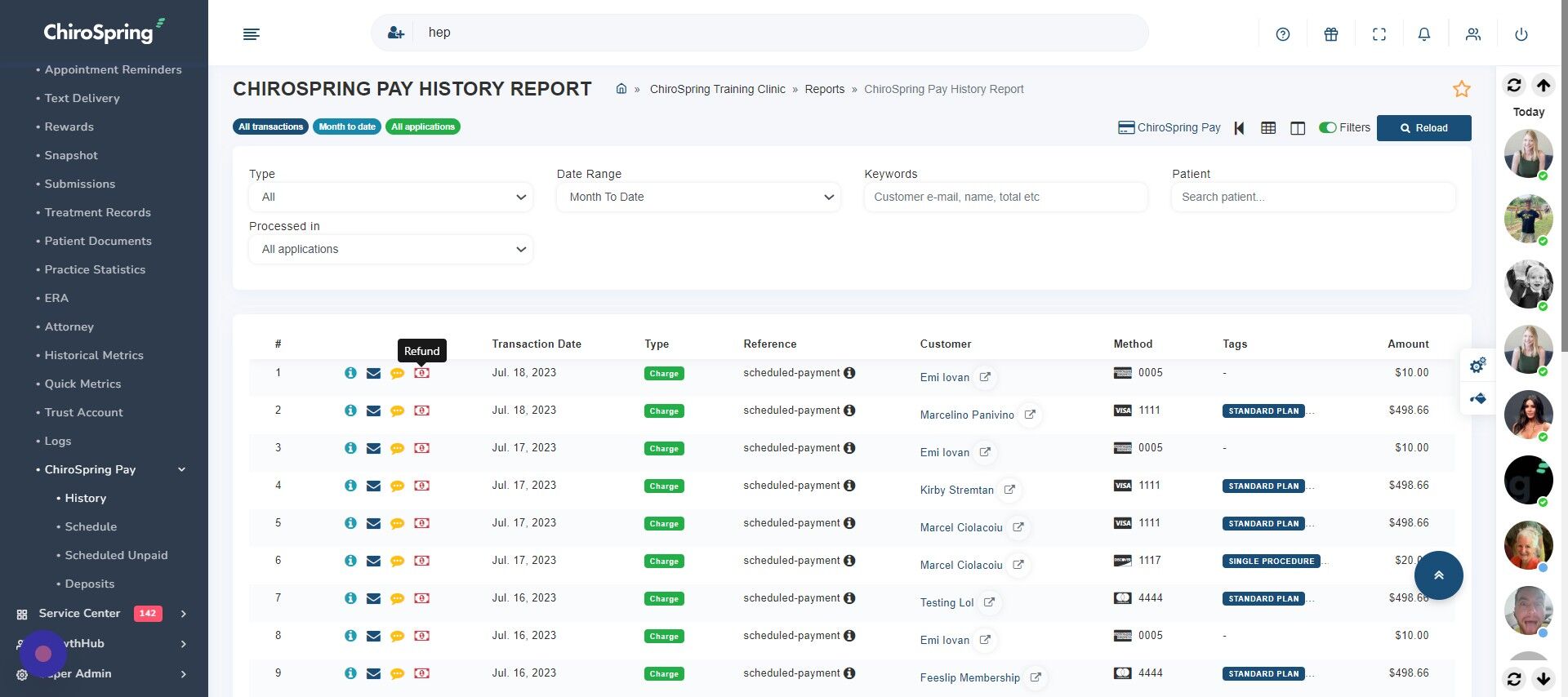 Screenshot of: Locate Transaction - Click red dollar icon, Refund
