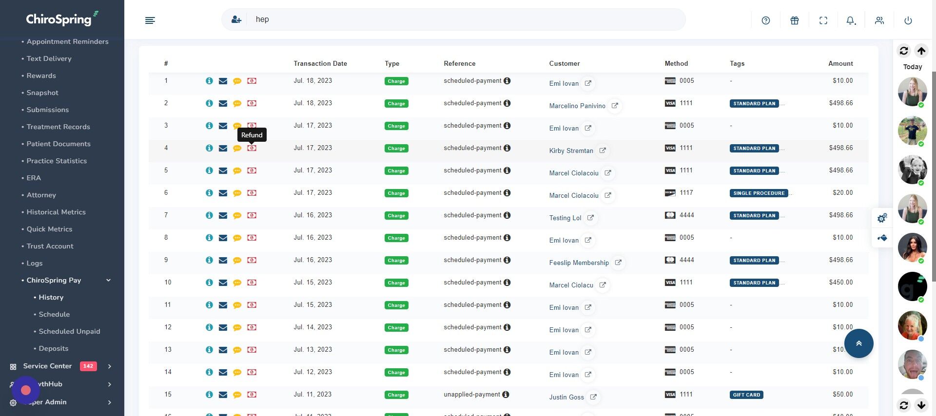 Screenshot of: Locate transaction -  Select red dollar icon (refund)