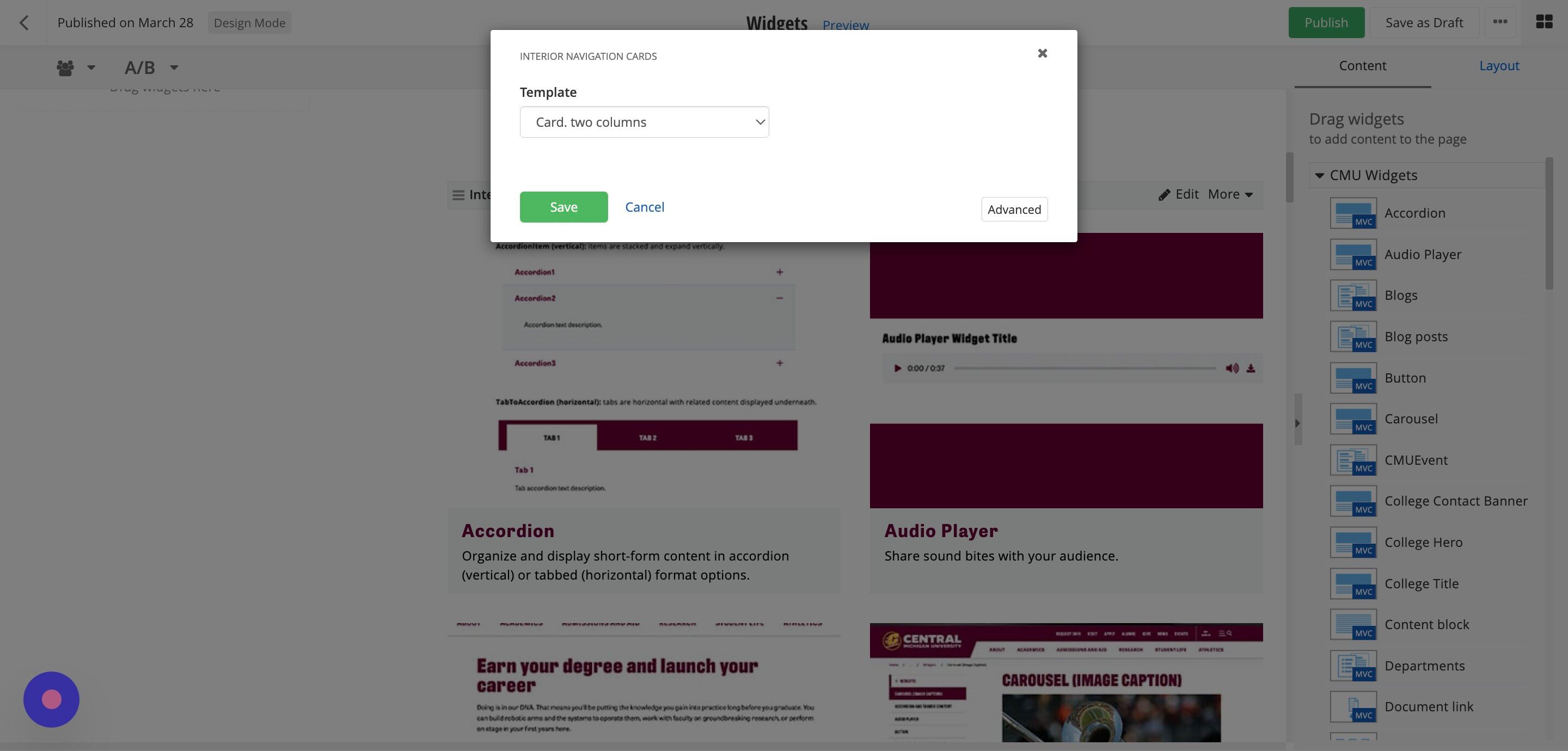 Screenshot of: If you added the widget to the main content area, change the template to 