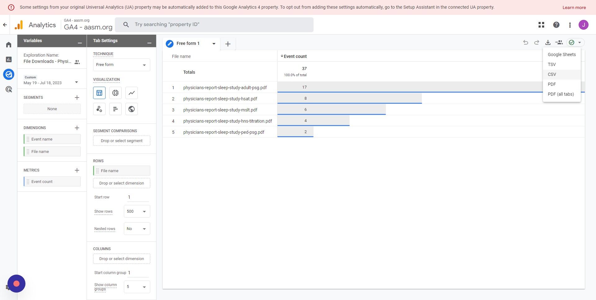 Screenshot of: Click "CSV"
