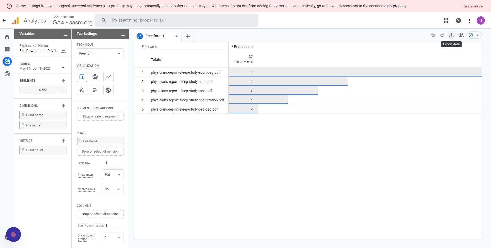 Screenshot of: Click Export data icon.