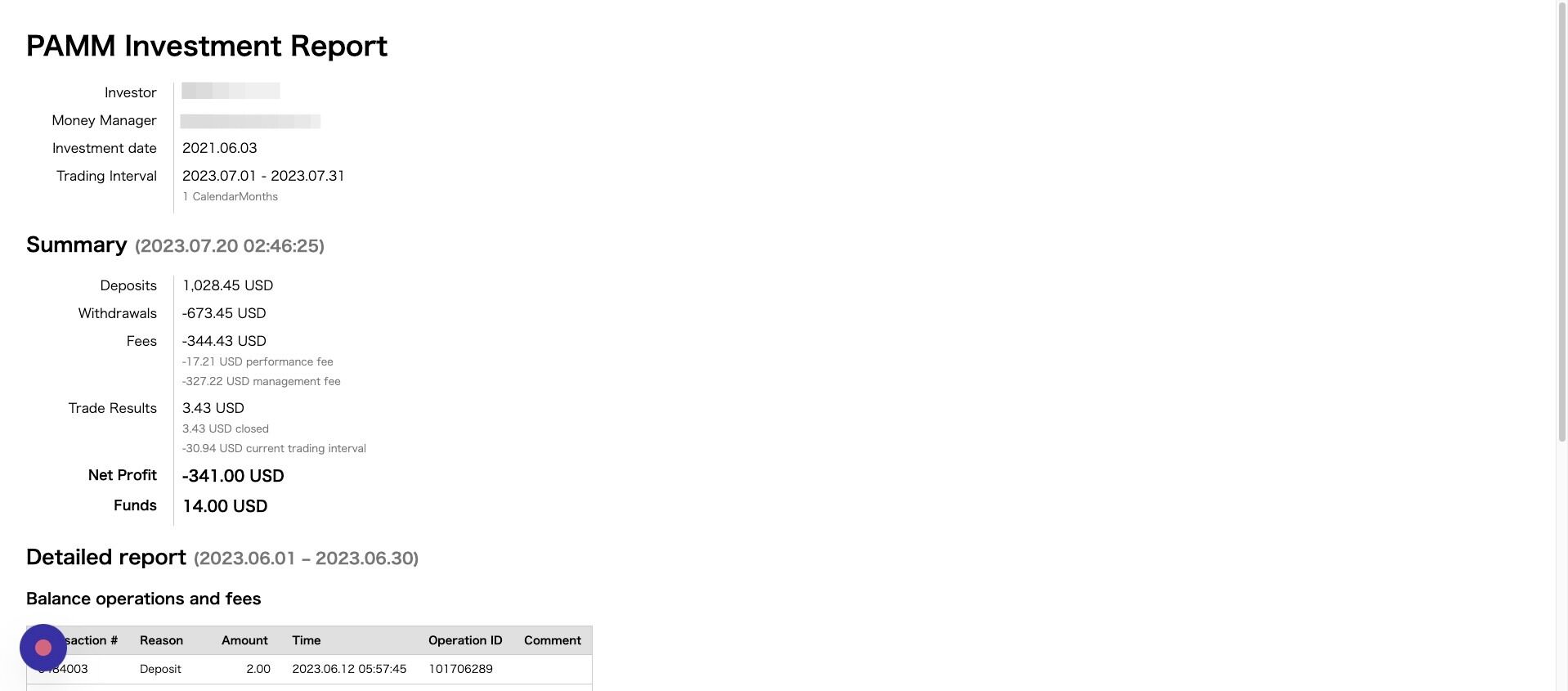 Screenshot of: 取引履歴が抽出されました。
※取引履歴は英語表記のみです。

Investor: お客様のお名前
Money Manager: PAMM名
Investment date: PAMM参加日
Trading Interval: 取引間隔

Summary: 概要
Deposits: 入金
Withdrawals: 出金
Fees: 手数料（成功報酬等）

Detailed report: 詳細レポート
Balance operations and fees: 収支と手数料
Open positions: オープン中のポジション
Closed positions: クローズされたポジション