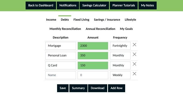 Screenshot of: Click "Debts" and have a look through your entries. Are you happy with what you have placed in your plan? If not, make any adjustments now and save them otherwise move on to the next step.