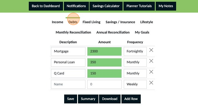 Screenshot of: Click "Debts" and have a look through your entries. Are you happy with what you have placed in your plan? If not, make any adjustments now and save them otherwise move on to the next step.