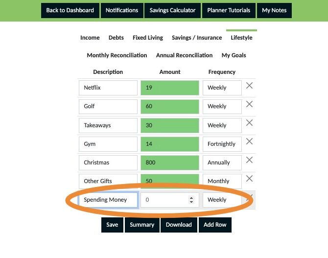 Screenshot of: Add a row to budget a weekly spending allowance. Every successful budget has this regardless of income levels.

Even if it is only $10 a week, having this planned means you don't have to feel guilty spending this money and where you spend it is up to you.