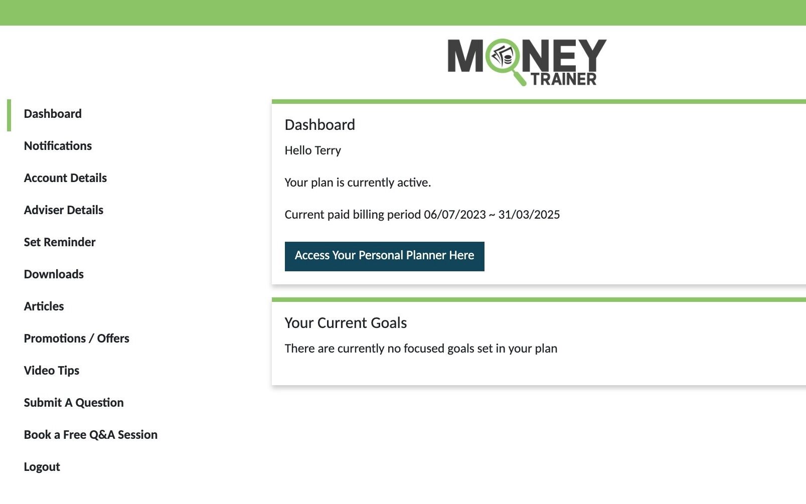 Screenshot of: Click "Access Your Personal Planner Here"