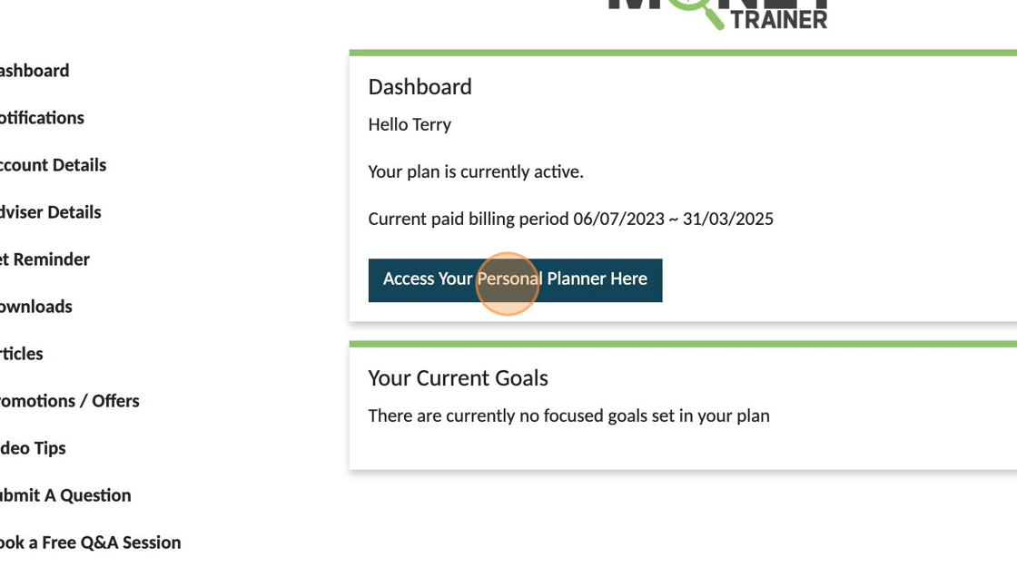 Screenshot of: Click "Access Your Personal Planner Here"