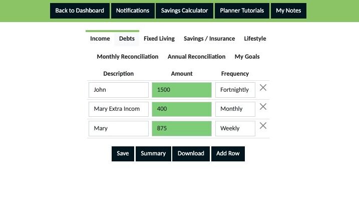 Screenshot of: Click "Debts"