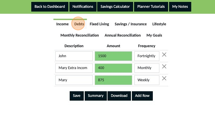 Screenshot of: Click "Debts"