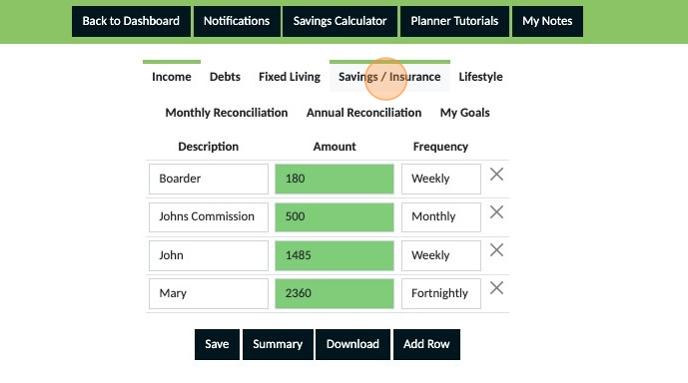 Screenshot of: Click "Savings / Insurance"
