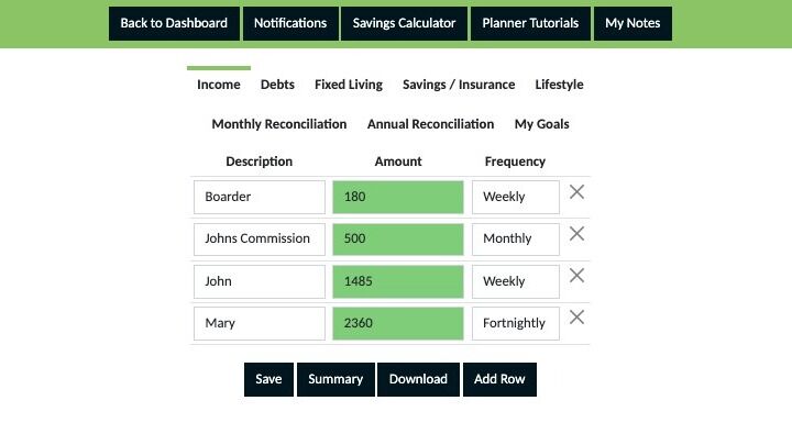 Screenshot of: Click "Income" and double check that you have added all of your reliable income sources and are happy with what you have saved.
