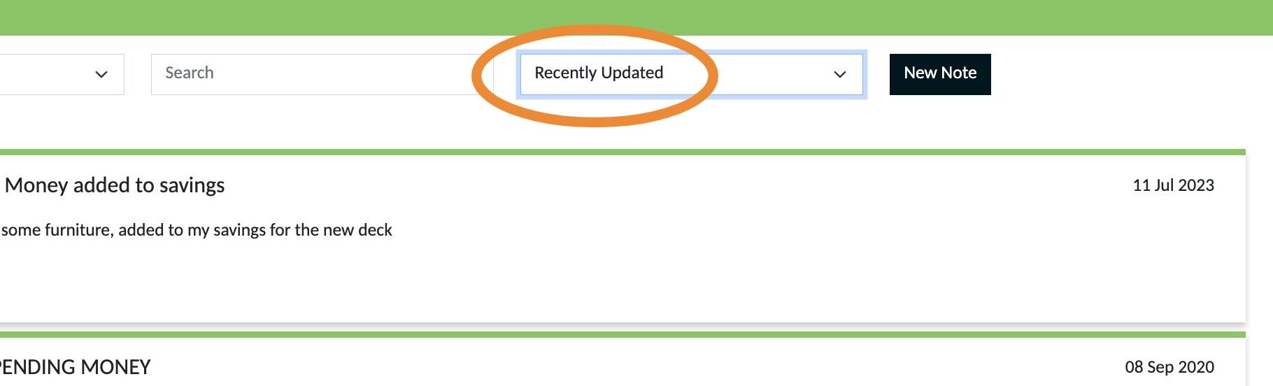 Screenshot of: Having  'Recently Updated' selected in the Sort window means notes will appear from the most recently added or edited note.