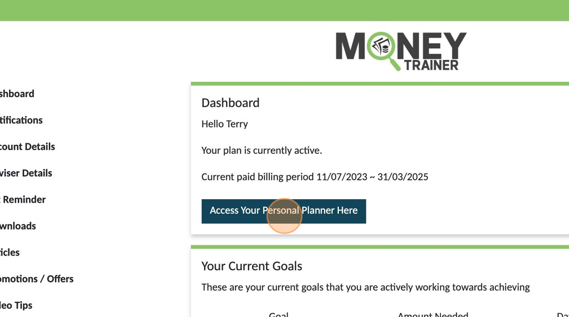 Screenshot of: Click "Access Your Personal Planner Here"
