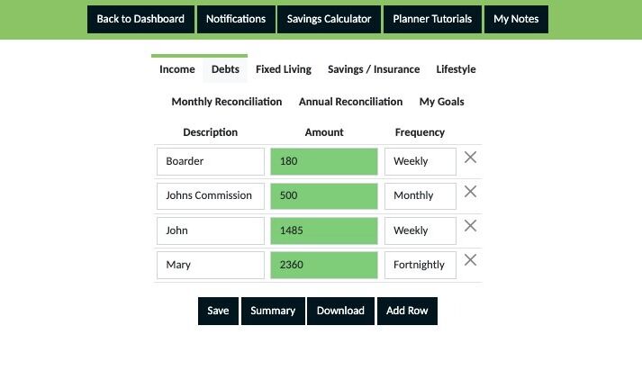 Screenshot of: Click "Debts" and double check that you have added all of your debt commitments and are happy with what you have saved.