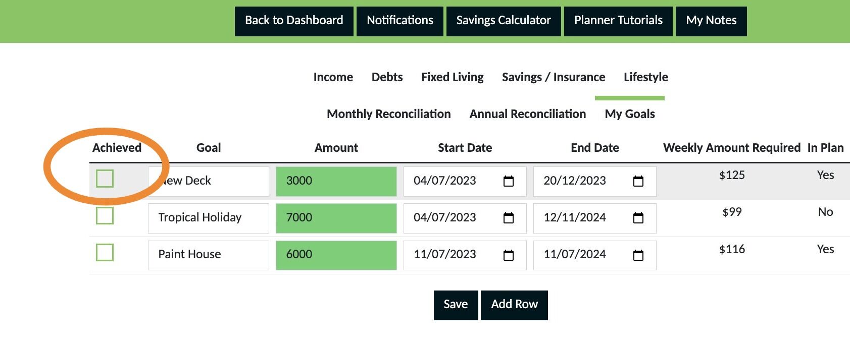 Screenshot of: When a goal has been achieved tick the box and click 'Save'