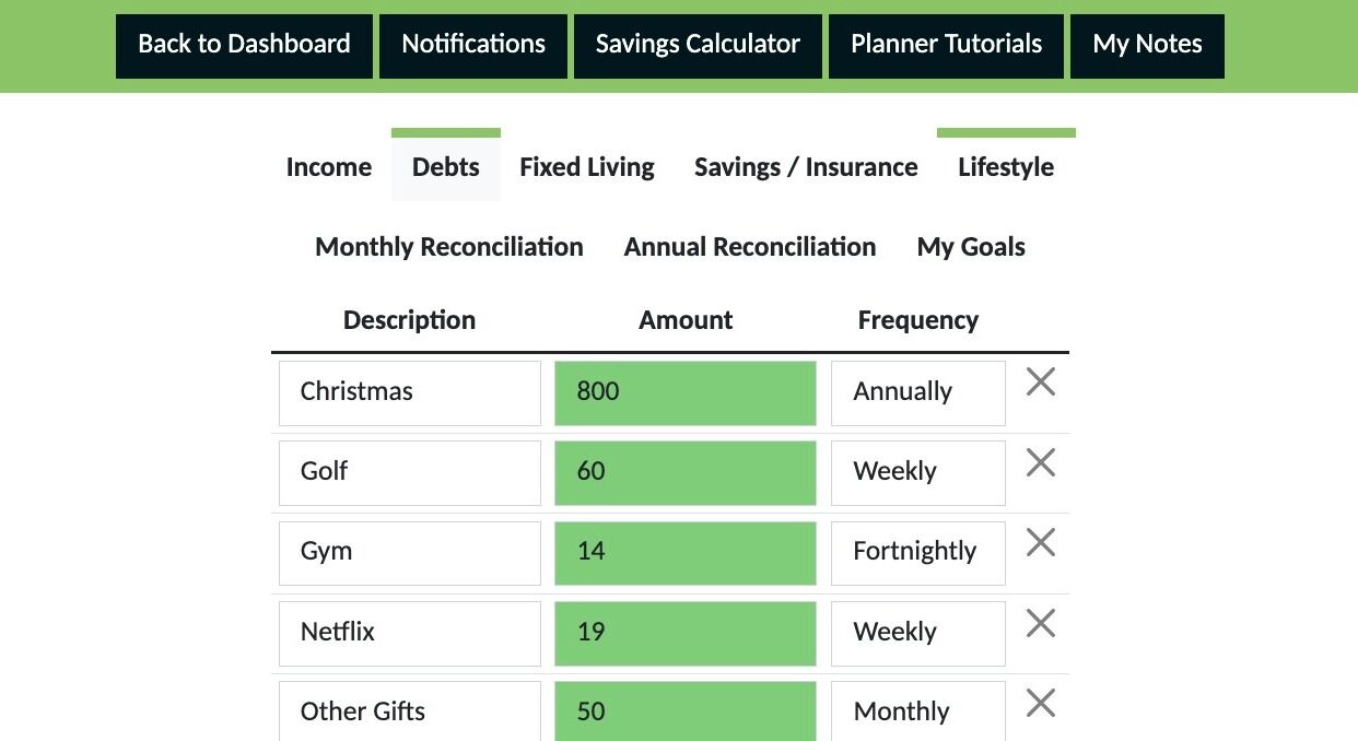 Screenshot of: Click "Debts"