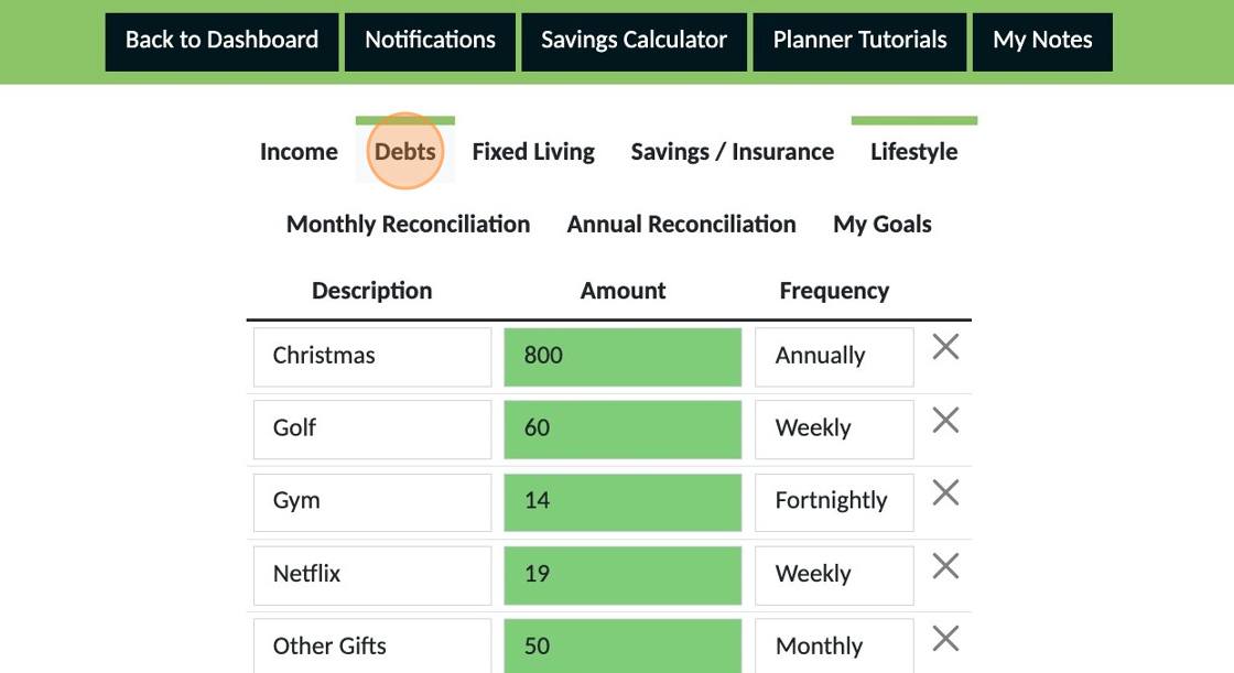 Screenshot of: Click "Debts"