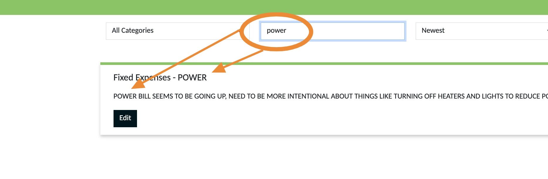 Screenshot of: Type in a keyword and all notes that contain the word in either  the title or content of the note will appear