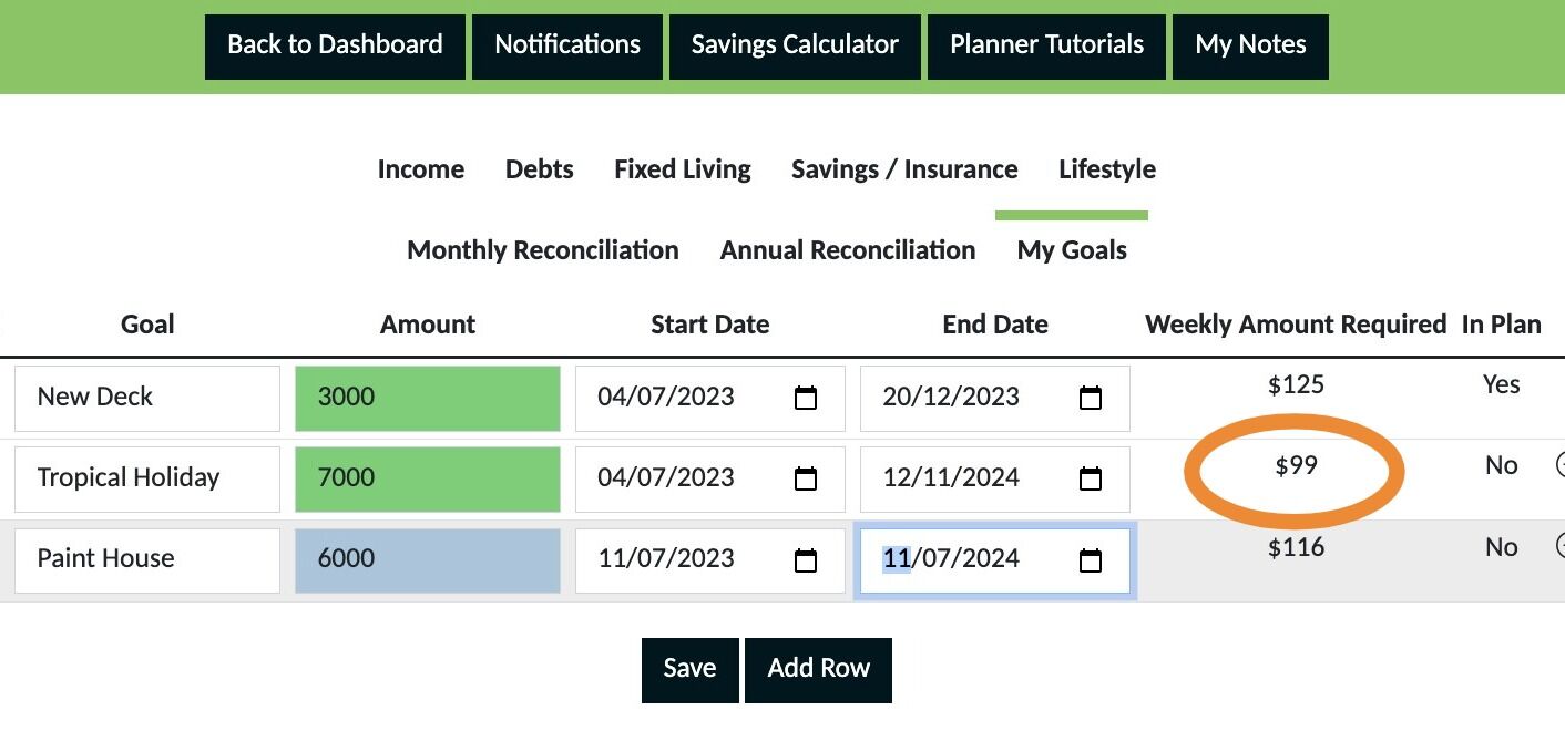 Screenshot of: The amount you need to save weekly will appear here next.