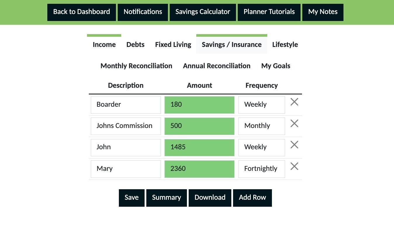 Screenshot of: Once you have done the above calculation with your own numbers click "Savings / Insurance"