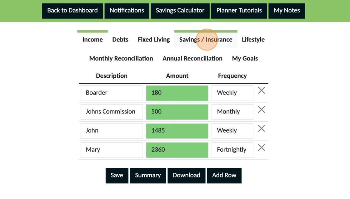 Screenshot of: Once you have done the above calculation with your own numbers click "Savings / Insurance"