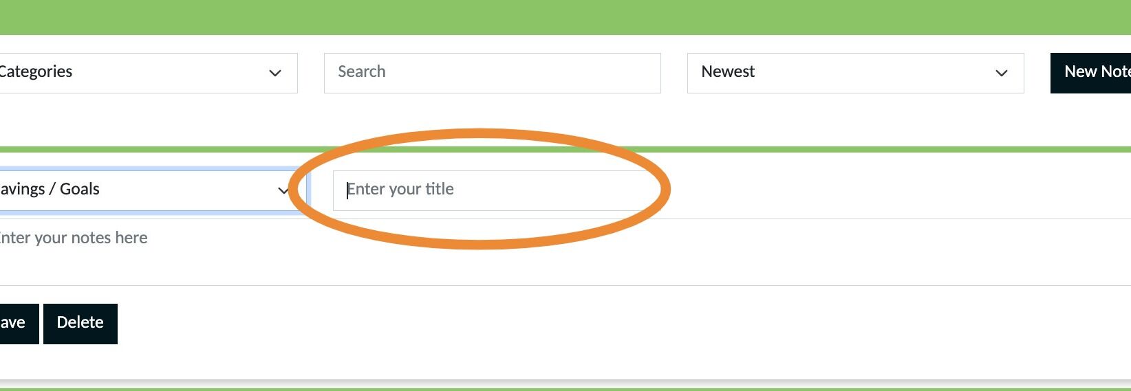 Screenshot of: Click the "Enter your title" field and give your note a title