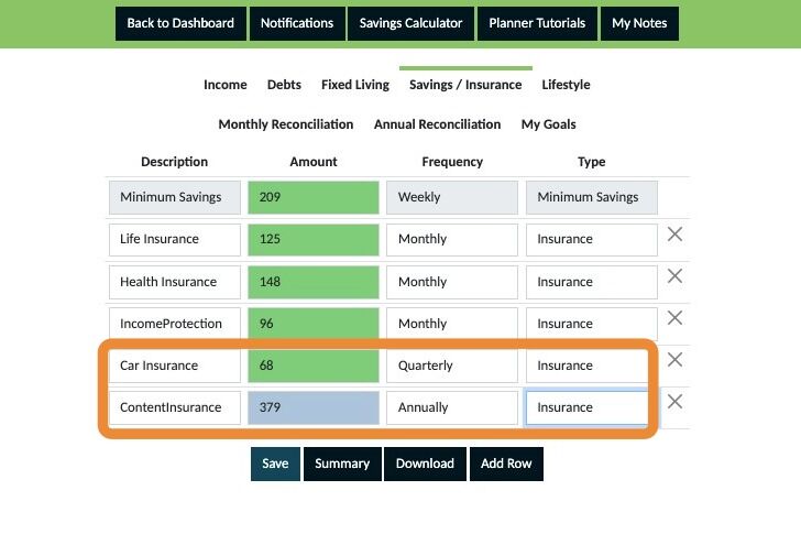 Screenshot of: Next repeat the steps with your asset insurances such as car and contents.

Remember house insurance belongs in your'Fixed Expenses' section not here.

Then save.