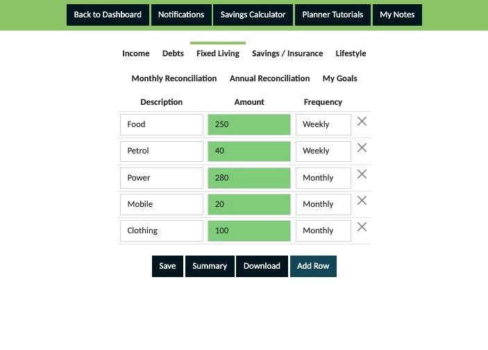 Screenshot of: Click "Add Row" and continue adding your expenses, the amount of each expense and frequency of payments.