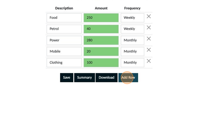 Screenshot of: Click "Add Row" and continue adding your expenses, the amount of each expense and frequency of payments.