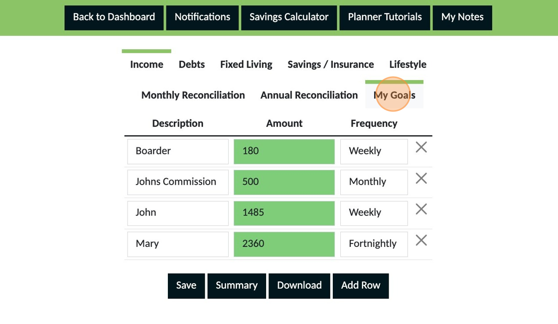 Screenshot of: Click "My Goals"