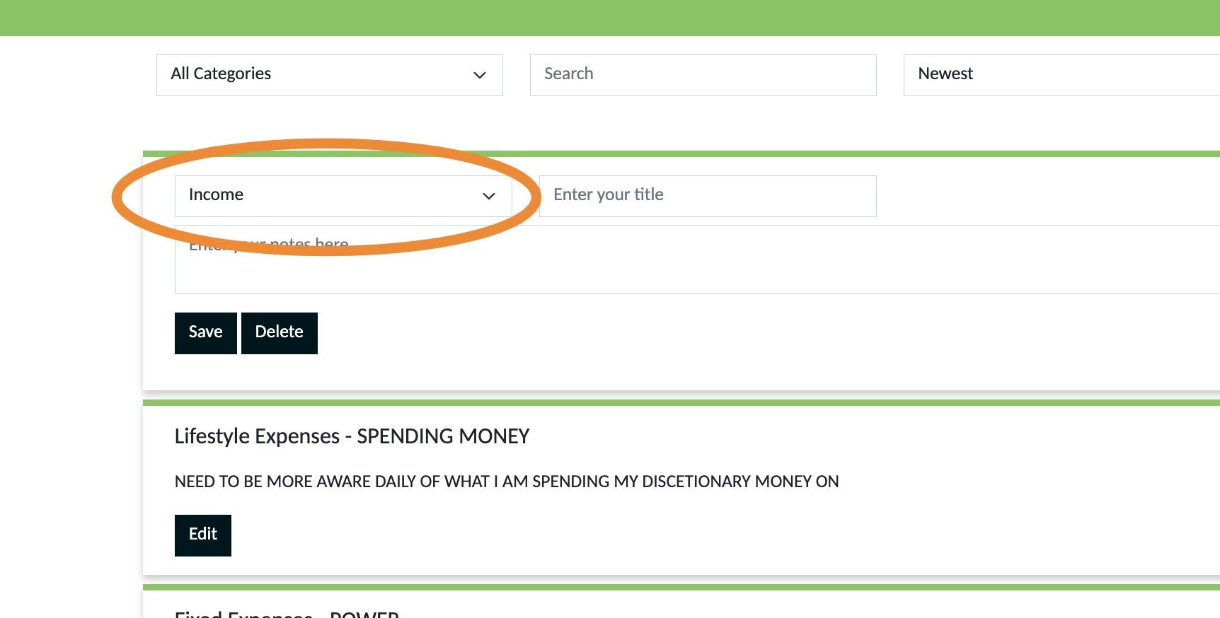 Screenshot of: Use this dropdown to choose a category for your note.