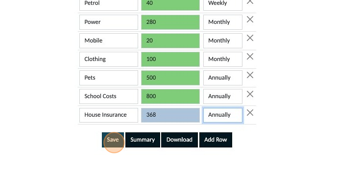 Screenshot of: Once you have completed adding all of your fixed expenses make sure to click 'Save'
Note
If any of your entries still appear blue, they are not yet saved. Saved entries appear green so ensure everything is green before navigating away from this section of your planner.