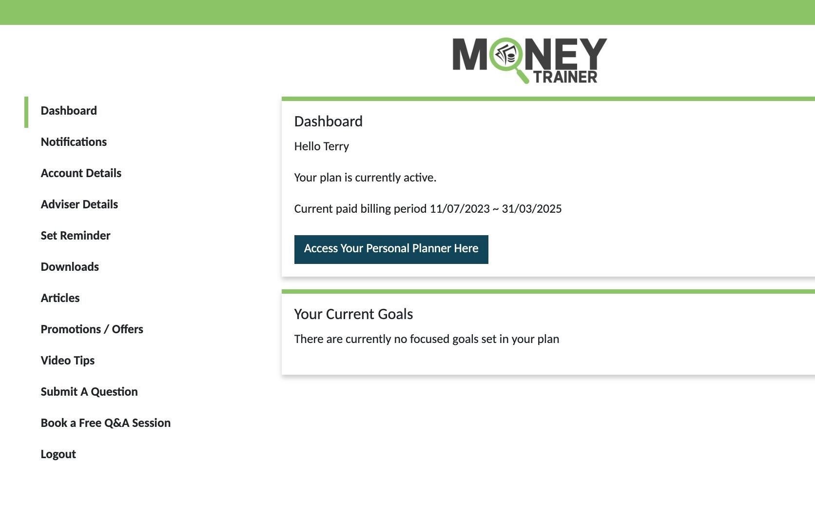 Screenshot of: Click "Access Your Personal Planner Here"