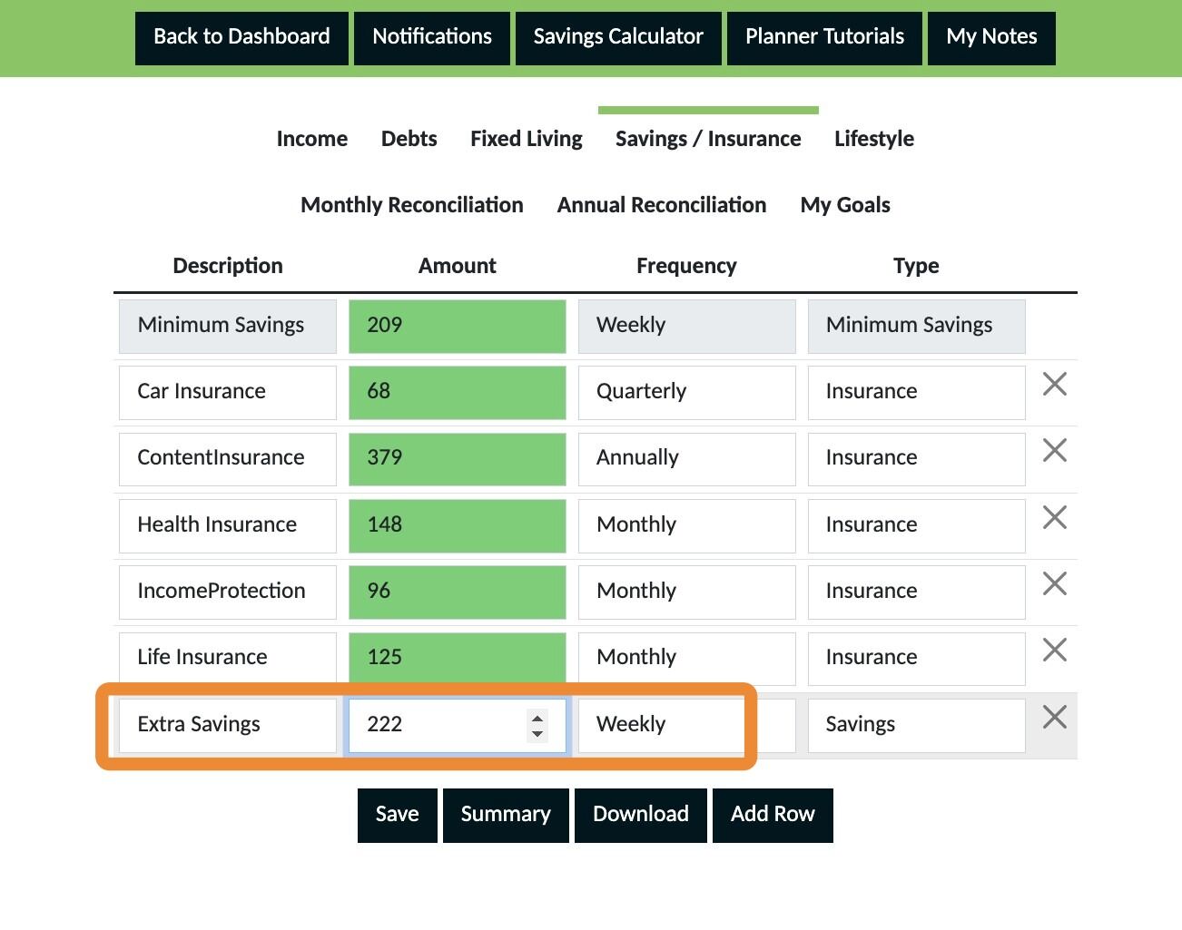 Screenshot of: Label this 'Extra Savings', enter the amount and select'Weekly' for the frequency.