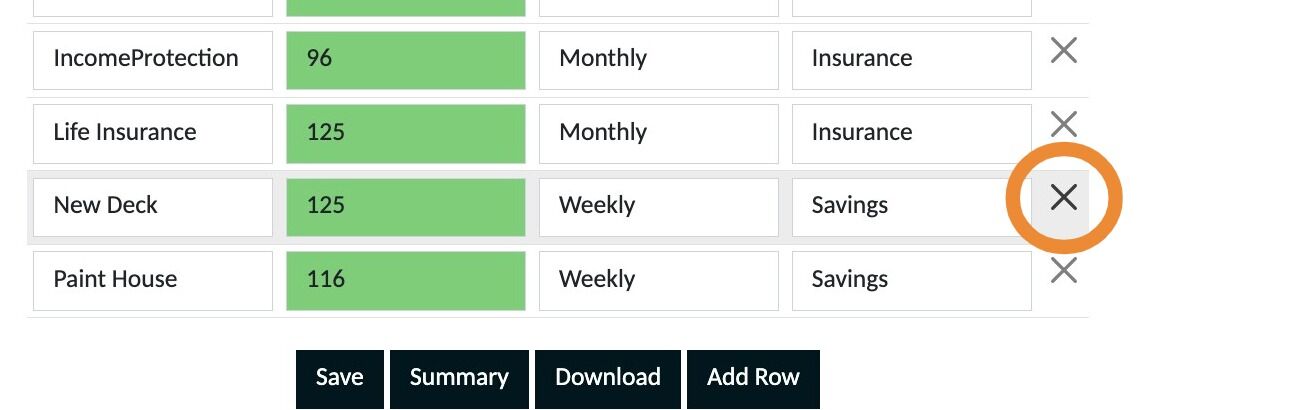 Screenshot of: Find the row for the goal you have now achieved and click the X button to remove your goal 