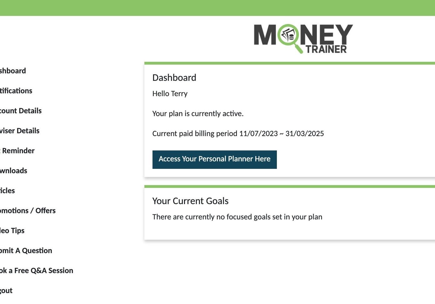 Screenshot of: Click "Access Your Personal Planner Here"